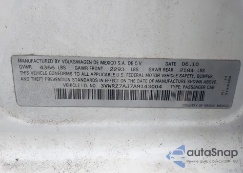 2010 Volkswagen Jetta Limited Edition/Se/Sel from USA, damaged, VIN 3VWRZ7AJ7AM143004